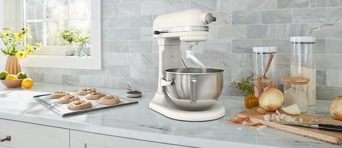 KitchenAid 5.5-Qt Bowl-Lift Stand Mixer, KSM55SXXX, Porcelain White 11 Mixing Speeds, Includes Flat Beater, Dough Hook, Wire Whip, Stainless Steel Bowl