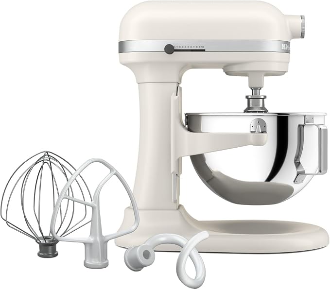 KitchenAid 5.5-Qt Bowl-Lift Stand Mixer, KSM55SXXX, Porcelain White 11 Mixing Speeds, Includes Flat Beater, Dough Hook, Wire Whip, Stainless Steel Bowl