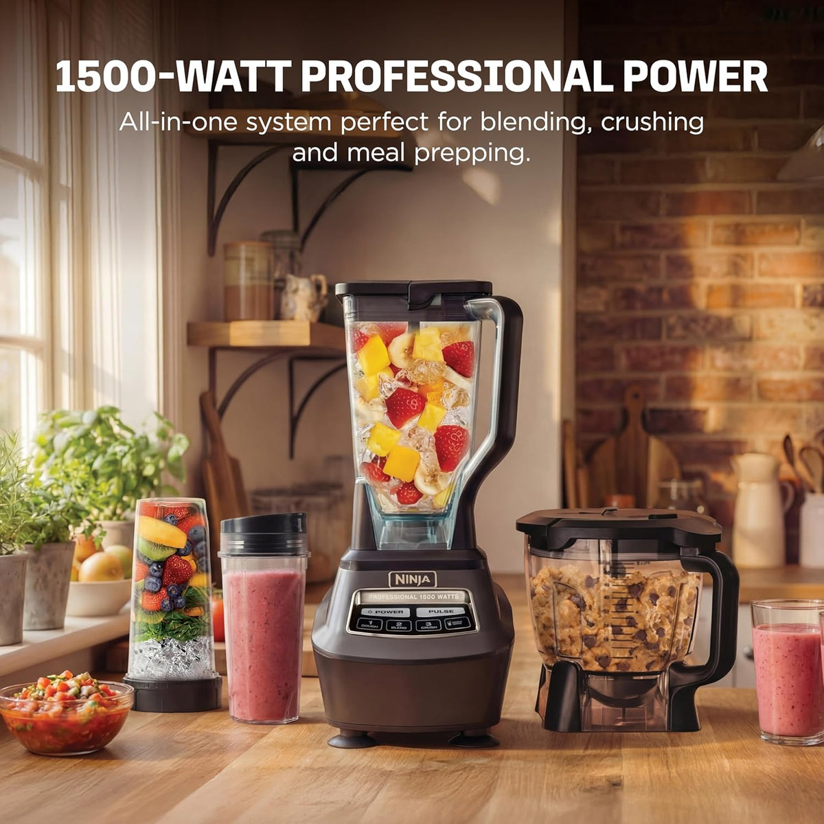 Ninja Kitchen System Pro, 1500W, 72oz Pitcher, 8-Cup, Black, BL770 | 1500W all-in-one blends smoothies, processes salsa & dough. 72-oz pitcher, 8-cup..